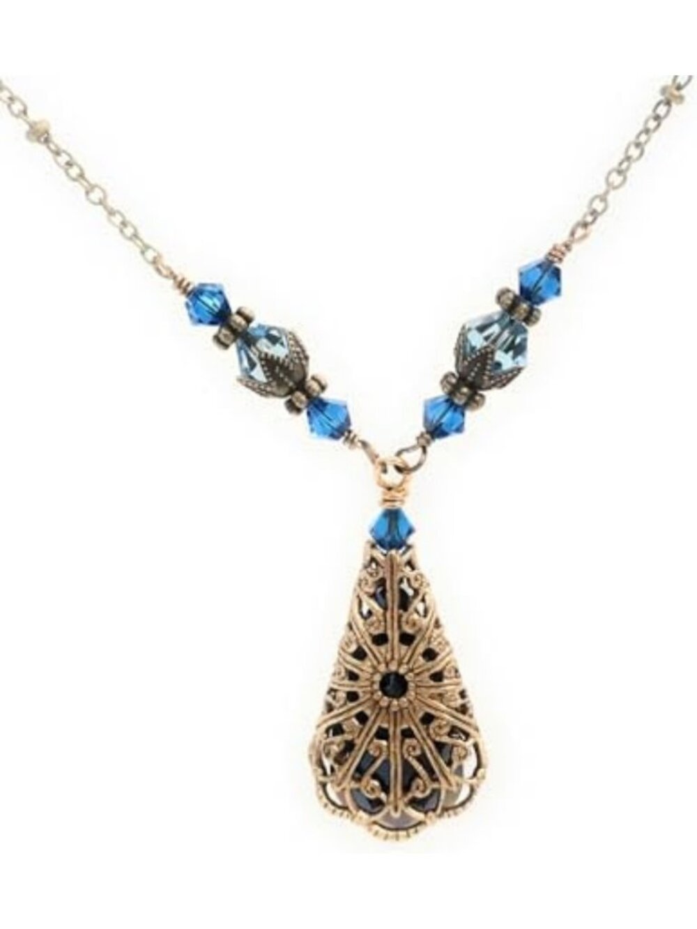 Bermuda Blue Teardrop Filigree Pendant Necklace - Elegant Jewelry Gift for Her - Picture 5 of 6